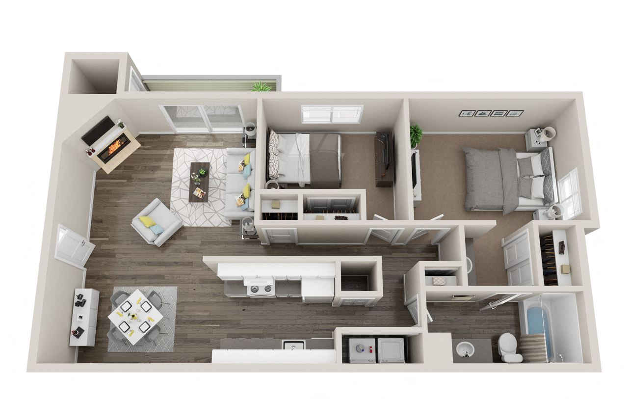A floor plan of a 2 bedroom at Quartz Creek Apartments in Mountlake Terrace. at Quartz Creek, Washington